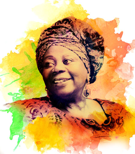Portrait of Dora Anie, a Black woman, with an overlay of water colour splashes in orange, green and yellow