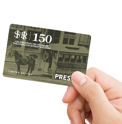 HSR 150 commemorative PRESTO card showing vintage HSR photos on card