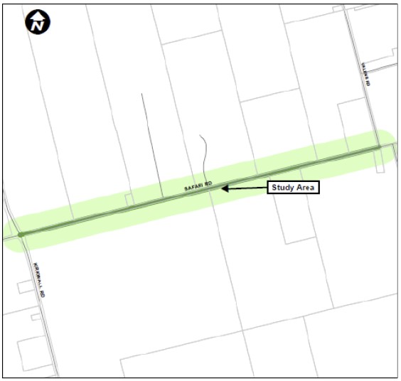 Study area for Sarari Road from Kirkwall Road to Valens Road