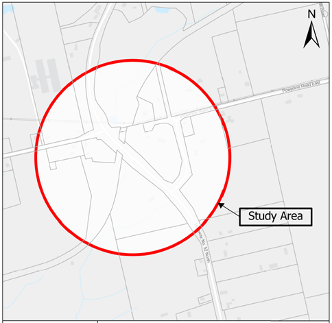 Map of study area for Highway 52 & Powerline Road West intersection