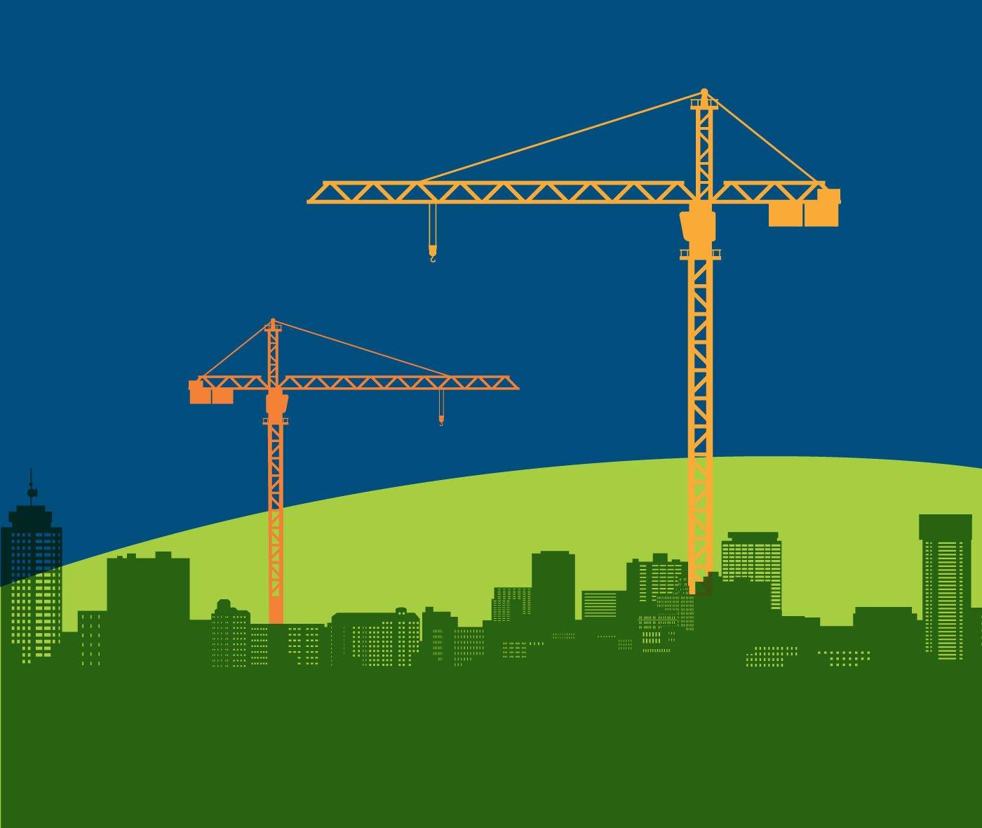 illustration of cranes above a city scape on a ble and green background