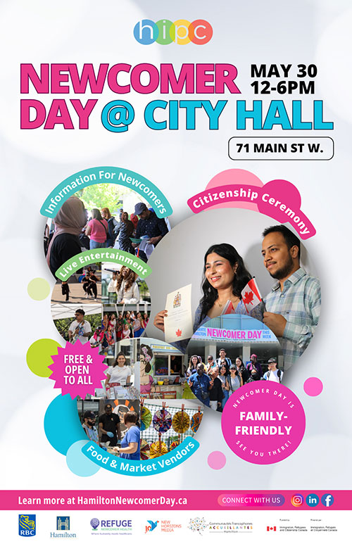Poster for Newcomer Day at City Hall on May 30 from 12 to 6 pm