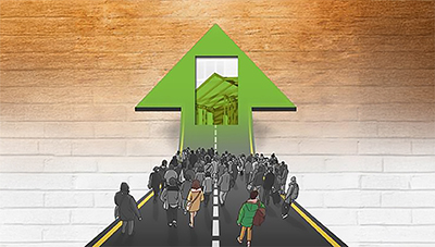 Graphic showing silhouettes of various people walking on a road towards a big green arrow with houses inside