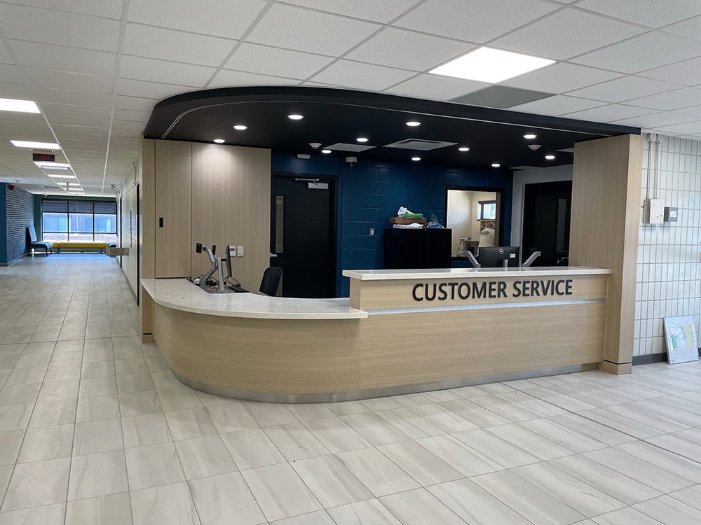 Revamped customer service desk area inside of Sir Wilfrid Laurier Recreation Centre