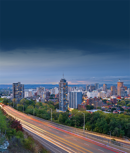 Hamilton's lower city seen from the escarpment at dusk