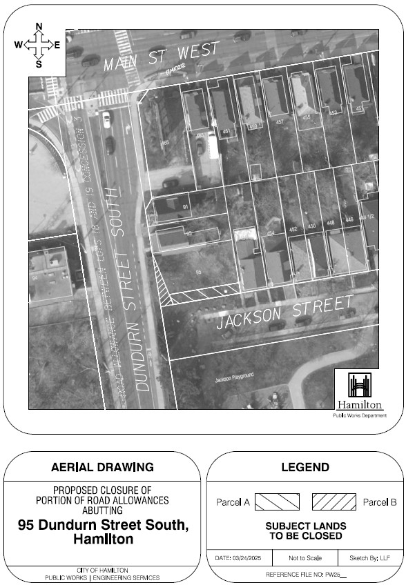 Aerial map outlining land abutting 95 Dundurn St S to close