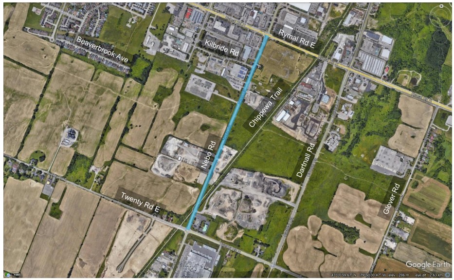 Map highlighting portion Nebo Road from Twenty Rd to Rymal Rd for rehabilitation