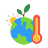 illustration of globe, with sun, plant seedling, and thermostat