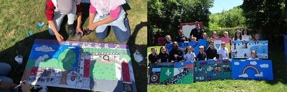 Collage of teams who have adopted a park, Group of kids working on painting a sign for the park, Group of kids holding posters in a park