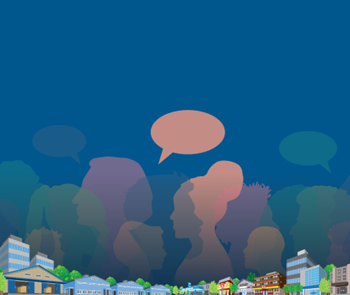 illustrated city skyline with profiles of peoples heads behind it