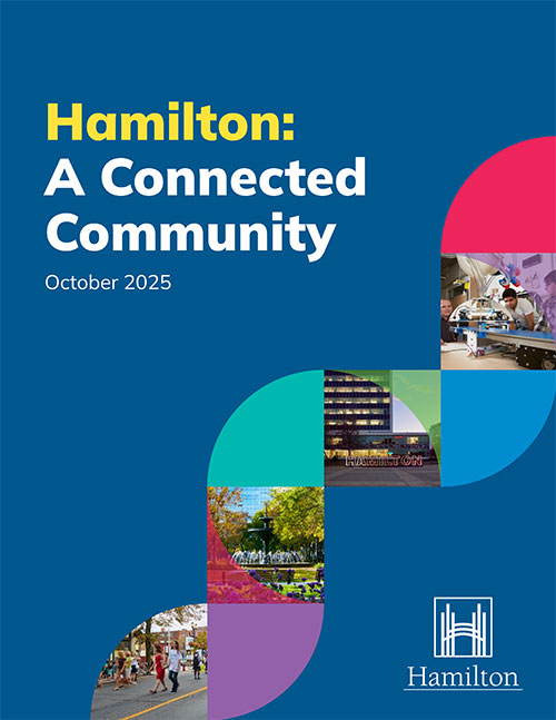 Hamilton: A Connected Community- October 2025. Blue Cover with inset images of Hamilton and the City of Hamilton logo.