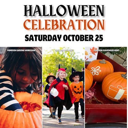 Text: Halloween Celebration, Saturday, October 25. Collage images of pumpkins, kids in costumes, kid carving a pumpkin