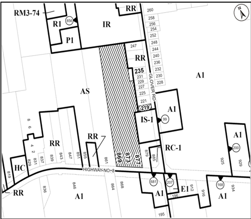 Location map for 219 & Part of 235 Glover Road, and 869, 873 & 877 Highway 8, Stoney Creek 
