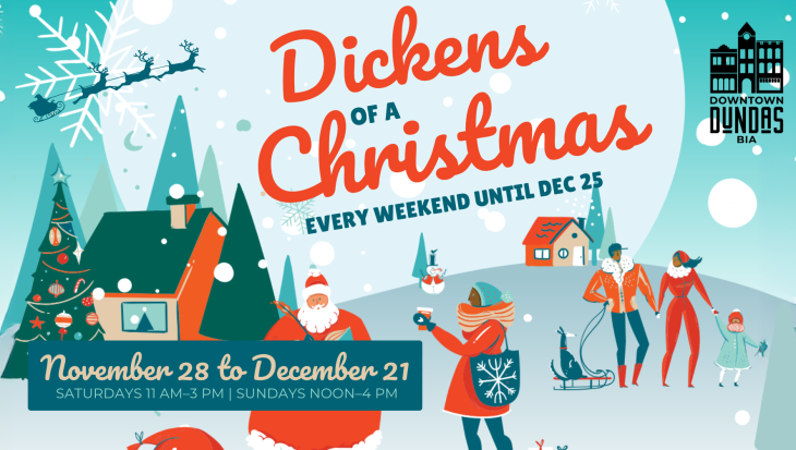 Dickens of a Christmas, illustration of people shopping during the holidays