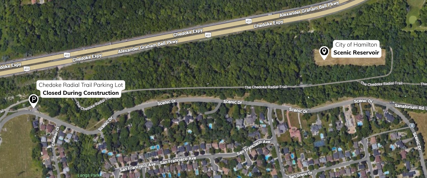 Map of Chedoke Rail Trail along the scenic reservoir