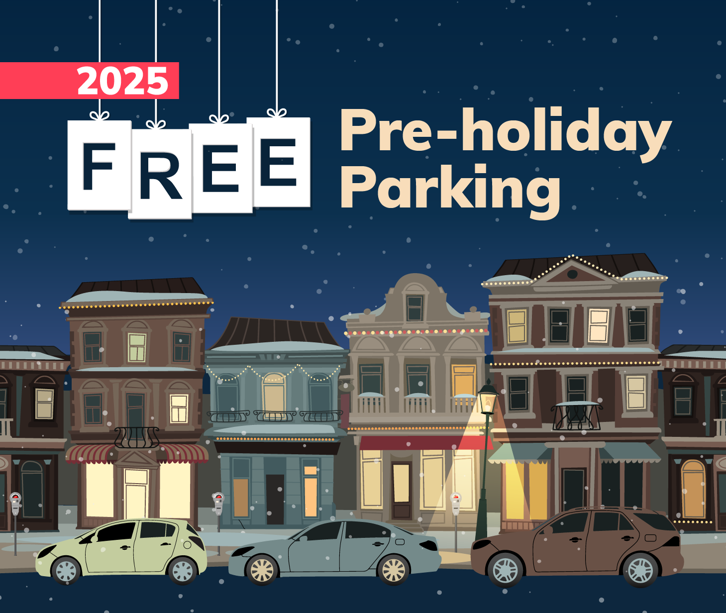 Illustration of cars parked on a street in front of stores. free pre-holiday parking