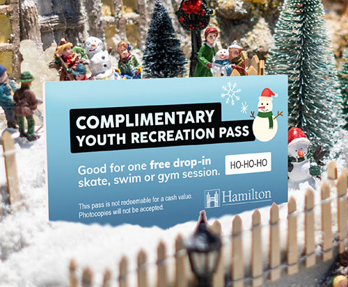 Hamilton Recreation Complementary Youth Recreation pass, sitting against a backdrop of a miniature holiday landscape
