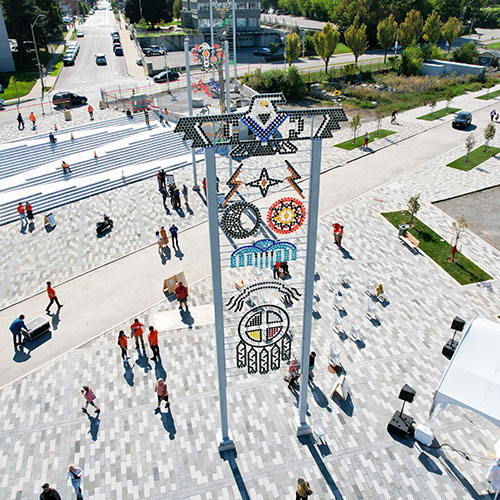 Five art panels of glass spheres to represent images from traditional indigenous teachings & Haudenosaunee Thanksgiving Address