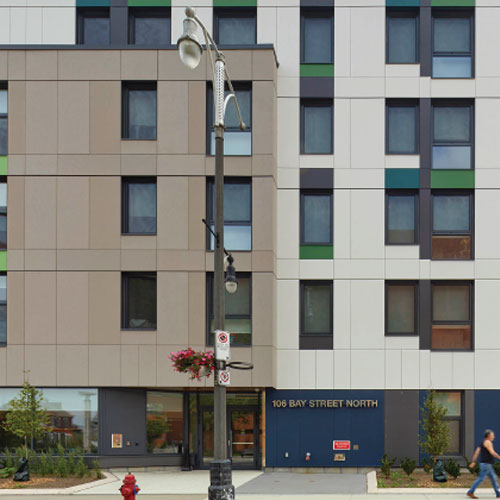 6 storey safe and 55 unit affordable building on former city-owned parking lot.