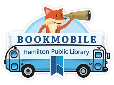 Fox on top of bus looking through binonculars for HPL Bookmobile
