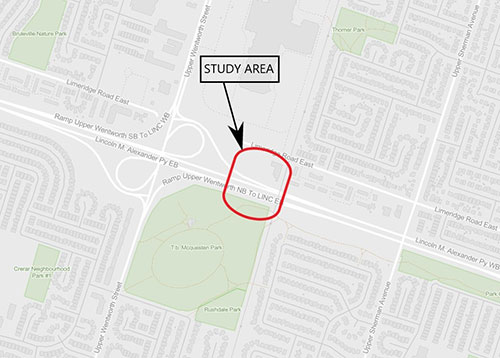 Study area map for McQuesten Park Active Transportation Pedestrian Bridge
