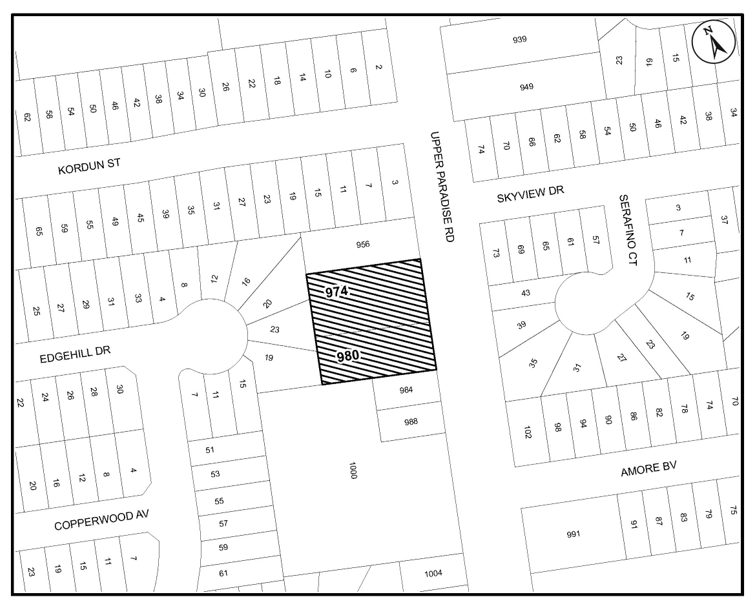 Location map of subject lands for 974 & 980 Upper Paradise Rd, Hamilton