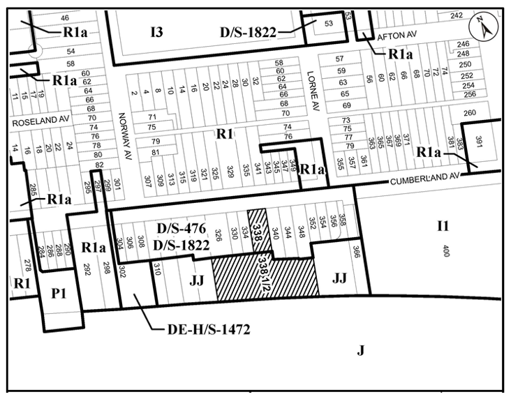 Study area map for 338 and 338 1/2 Cumberland Avenue, Hamilton