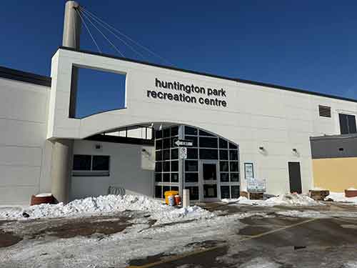 Huntington Park Rec Centre exterior in the snow