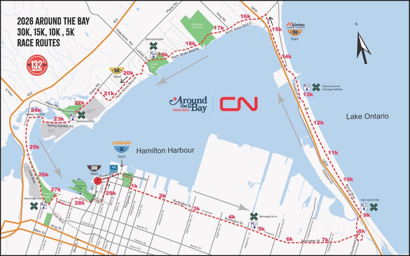 Map of the route for the 5k, 10k, 15k and 30k Around the Bay Road Race