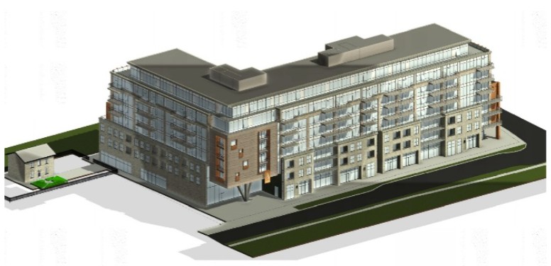 Rendering of proposed 8 storey mixed used building for 392, 398, 400, 406 and 412 Wilson Street East and 15 Lorne Avenue, Ancaster 