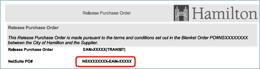 Example purchase order with highlighted NetSuite Purchase Order Number