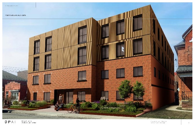 Proposed rendering of 4-storey building at 237, 277 & 279 East Ave N, Hamilton