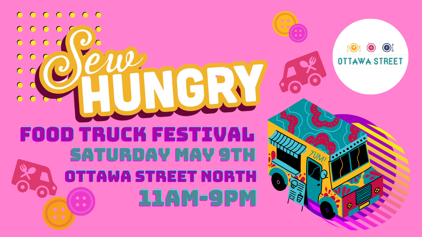 Sew Hungry May 19 2026. Cartoon illustration of a food truck