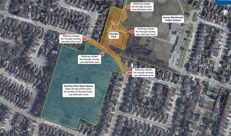 Map showing the closure boundaries of Gourley Park between Brigadoon Dr to the North, Moonbeam Dr and Appleblossum Dr to the East, Duncairn Cr to the west and Brigadoon Dr to the south/ 