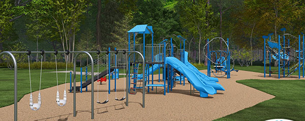 Rendering of new playground design for Dover Park playground - looking towards swings and slide