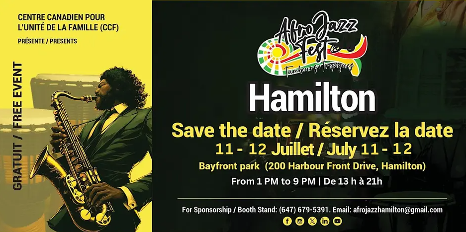 Poster for AfroJazz Fest Hamilton - July 11 & 12 at Bayfront Park from 1pm to 9pm