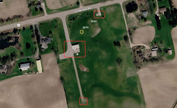 An aerial view of the project area specifically indicating properties 3670 and 3630 Governors Road