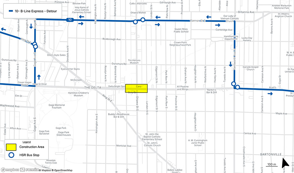 map of Route 10 - B Linde detour from  Kenilworth Avenue N in the east, Cannon St E in the North, Gage Ave N in the west and Main St E in the South. Written description follows.