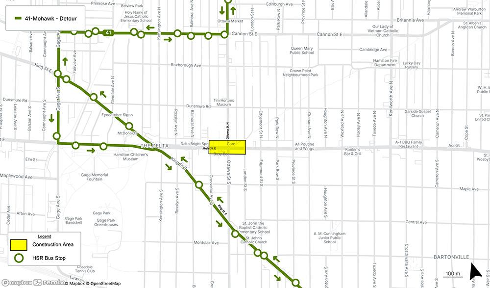 Map showing the boundaries of the 41 - Mohawk detour from Cannon st E in the north, Ottawa Street South in the east, Main St E in the South and Gage Ave S in the west. Written description below.