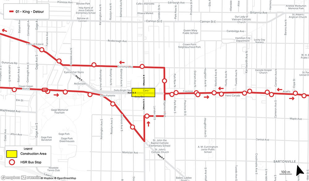 detour map for Route 1 - King: Between the boundaries of Edgemont to the east, Dunsmure to the north, King in the south