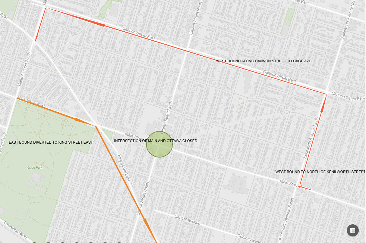 Map showing the detour of traffic around the main and ottawa intersection. From the east: Westbound to North of Kenilworth, west on Cannon St East, south on Gage Ave, East on main to King St East.