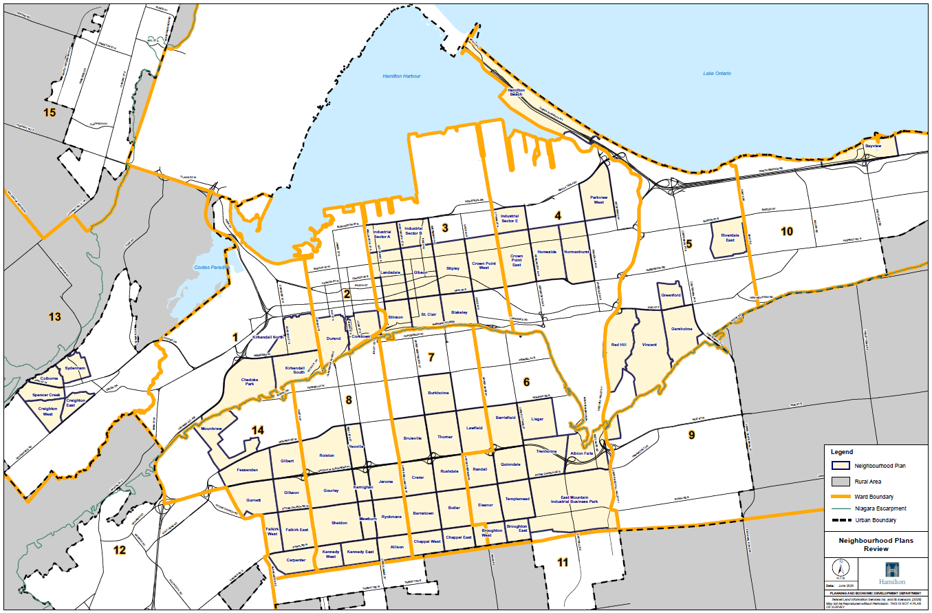 Overall map of Neighbourhood Plans in Dundas, Hamilton & Stoney Creek
