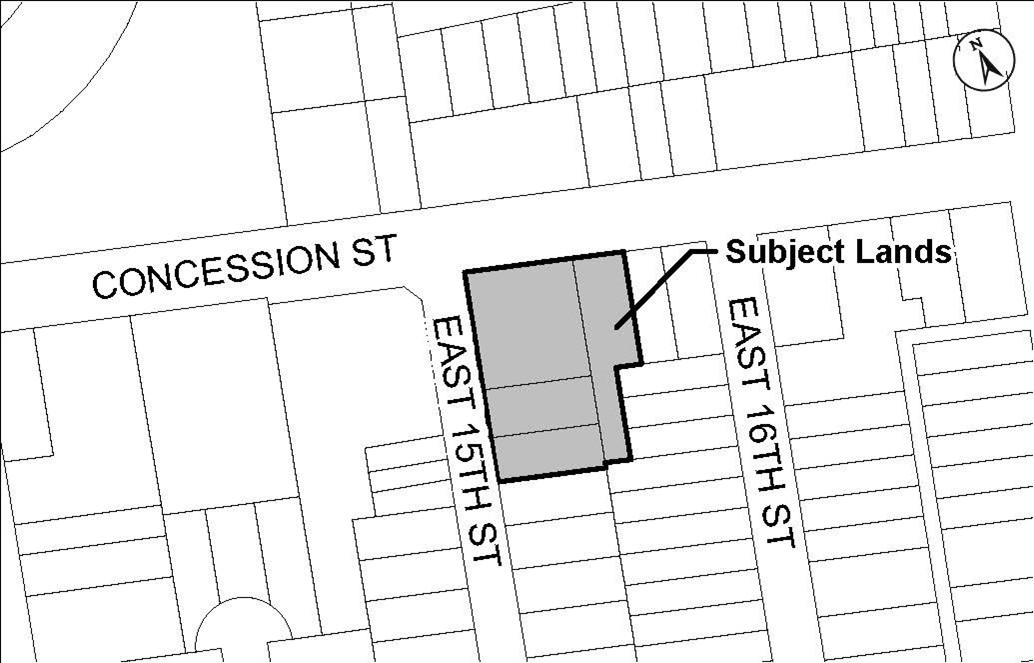 Location map of 388-392 Concession Street and 15-19 East 15th Street, Hamilton