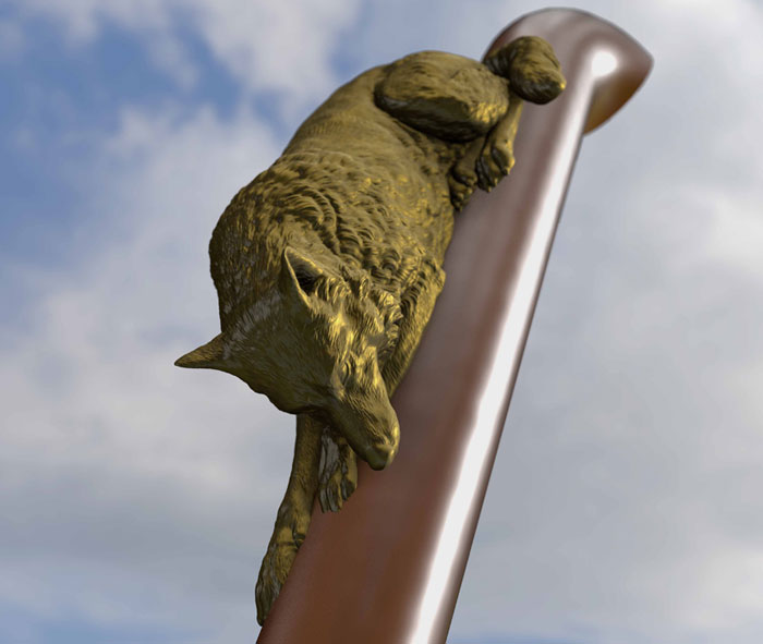 A shared Trail - sculpture by Brandon Vicard depicting a fox on a pipe