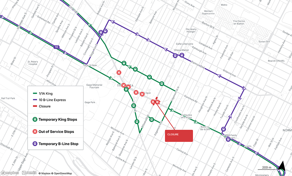 map showing detour and affected stops