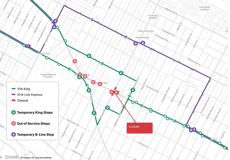 map of Route 10 - B Linde detour from  Kenilworth Avenue N in the east, Cannon St E in the North, Gage Ave N in the west and Main St E in the South. map for Route 1 - King: Between the boundaries of Edgemont to the east, Dunsmure to the north, King in the south. Temporary and Out-of-Service stops  are also shown on the map. Written descriptions follow.
