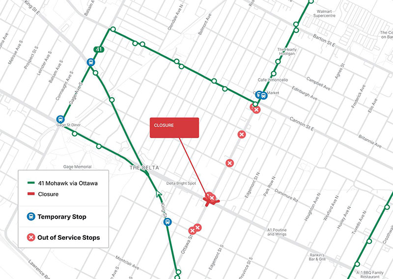 Map showing the boundaries of the 41 - Mohawk detour from Cannon st E in the north, Ottawa Street South in the east, Main St E in the South and Gage Ave S in the west. Map also indicates where the temporary and out of service stops are located. Written descriptions below.