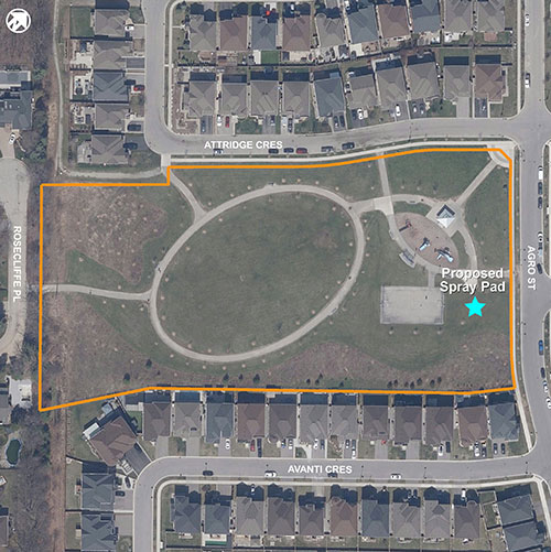 Aerial map for Agro Park with proposed spray pad location highlighted