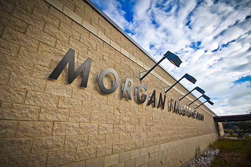 Exterior name sign on Morgan Firestone Arena