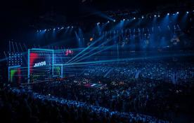Side view of the Juno Awards stage and crowd with lots of lights
